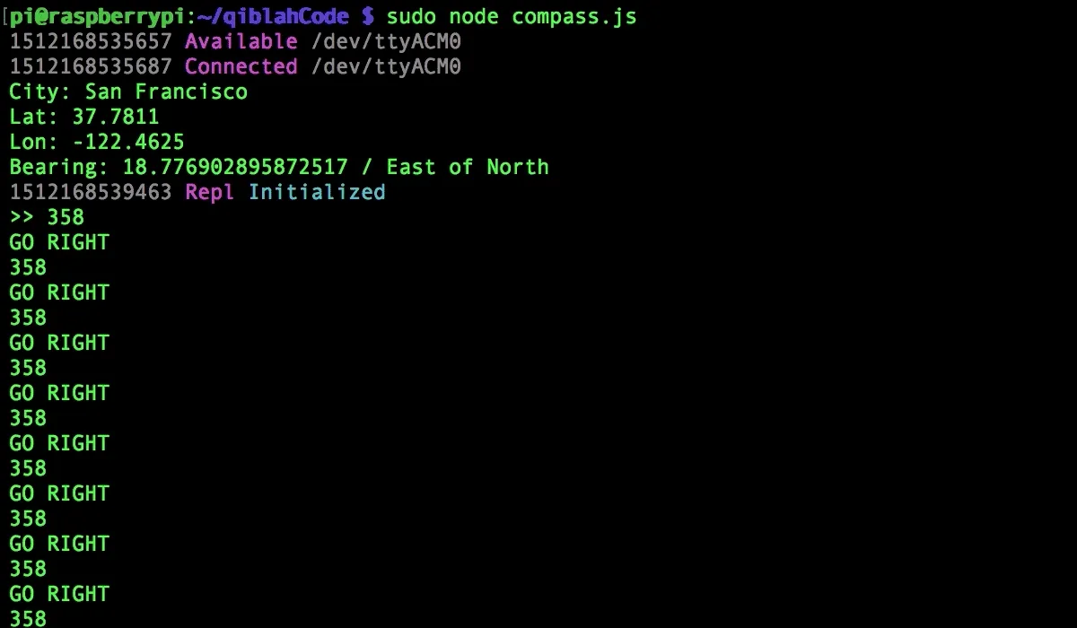 Compass software running on Raspberry Pi. City: San Francisco. Bearing: 18.77° East of North.