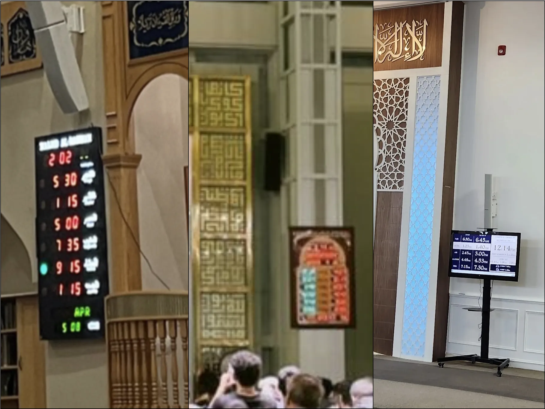 Mosque prayer time display research. The displays are not integrated into the architecture nor the craftsmanship of the mosque. They lack spirit.